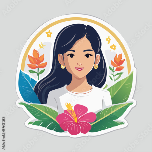 Illustration of a smiling woman with dark hair surrounded by tropical flowers and leaves