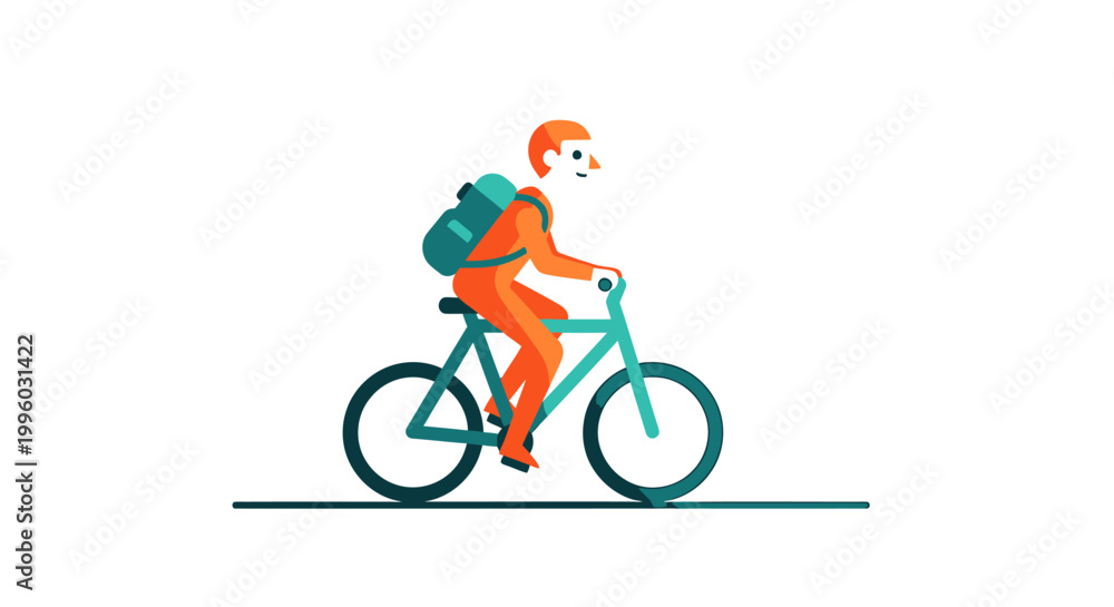 Obraz premium Man riding a bicycle with a backpack on white background.
