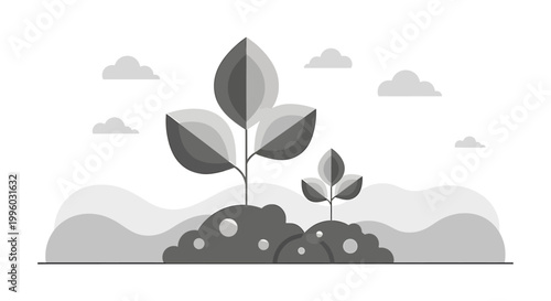 Two young plants growing from soil with clouds in the background.