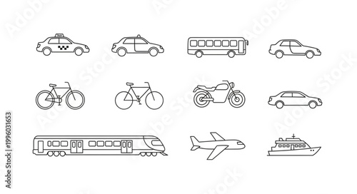 Collection of hand-drawn transportation vehicles and modes of travel.