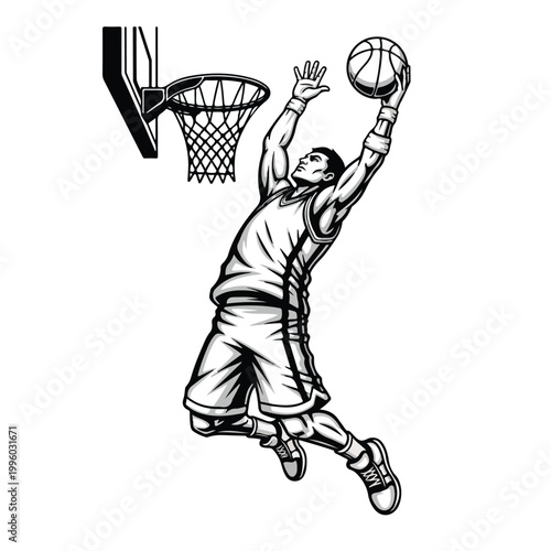 Dynamic black and white illustration of a determined basketball player executing a powerful slam dunk with a heroic pose against a clean backdrop, conveying athletic intensity