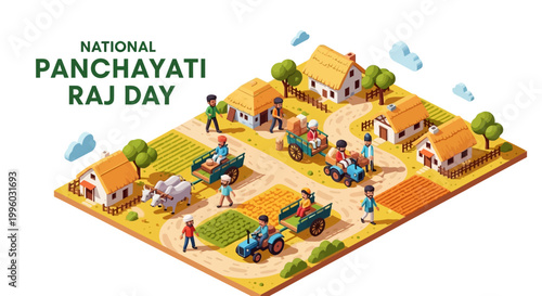 Isometric illustration showcasing National Panchayati Raj Day with villagers driving tractors through fields and tending to houses, set against a white background with a focus on rural