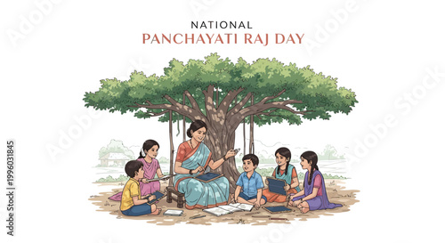 On National Panchayati Raj Day, a teacher educates students under a tree in a rural setting, symbolizing local governance in India with illustrations depicting a village council