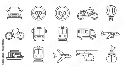 Collection of various transportation icons in a simple line art style.