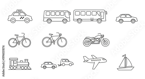 Collection of Hand Drawn Transportation Vehicles and Modes of Travel.