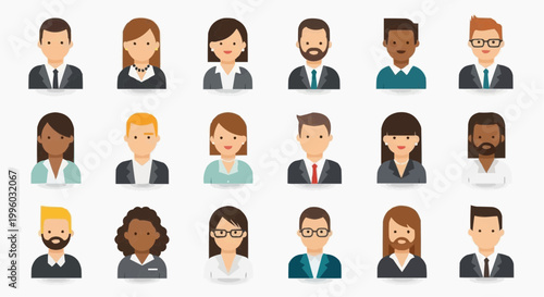 Flat vector illustration of diverse professional avatars, male and female characters, corporate style, simple geometric shapes, isolated on white background
