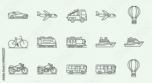 Collection of transportation vehicle icons line art style.