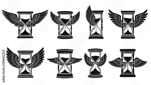 Winged Hourglass Icons Set, Time Flies Concept, Black and White Vector Graphics