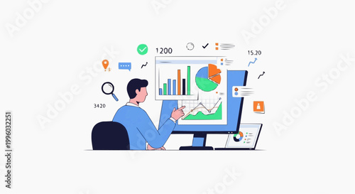 vector illustration of a professional analyzing data charts and graphs