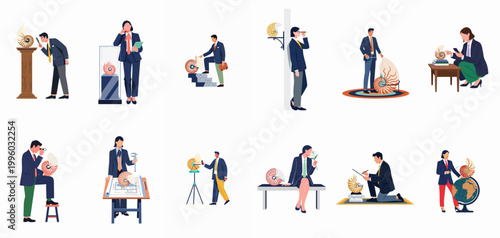 Set of twelve illustrations featuring business professionals in suits interacting with nautilus shells, representing concepts of growth, design, strategy, and careful analysis.
