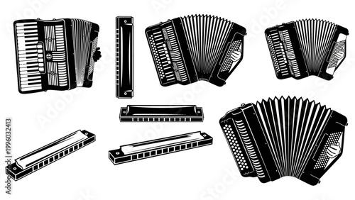 Accordion and Harmonica Collection: Vintage Musical Instruments Vector Graphics