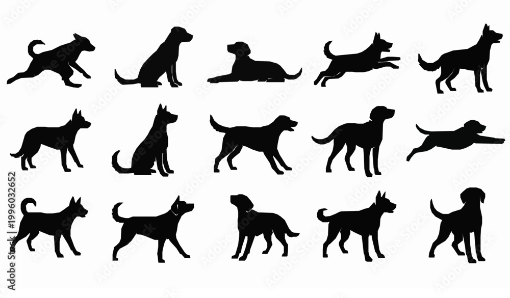 Obraz premium Abstract circular arrangement of black dog silhouettes in dynamic poses for decorative vector design