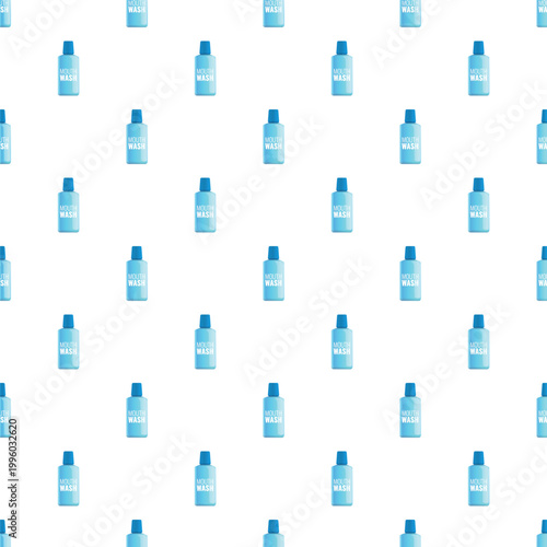 Blue plastic mouthwash bottles arranged in a seamless repeat background