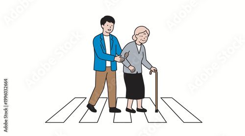 Man helping an elderly man cross the street at a pedestrian walk