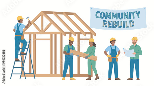 Group of volunteers building or repairing a house for the community