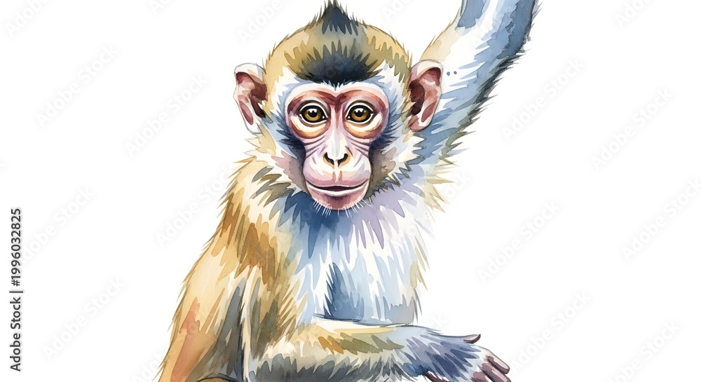 Fototapeta premium Watercolor Painting of a Young Monkey with Raised Arm.