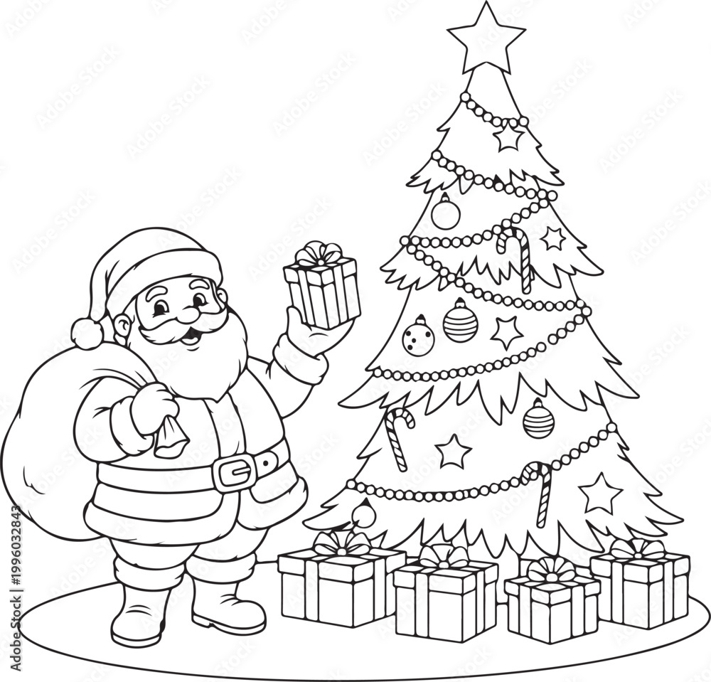 Naklejka premium Santa claus stands with a gift near a decorated christmas tree silhouette