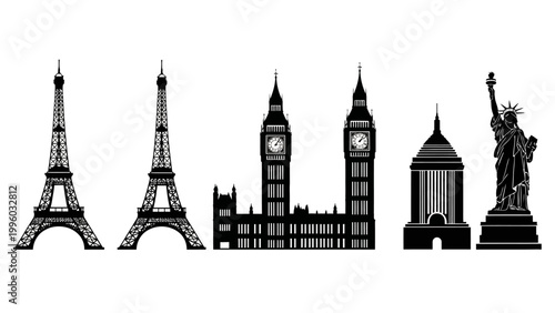 Famous Landmarks Silhouette Collection: Eiffel Tower, Big Ben, Empire State, Statue of Liberty