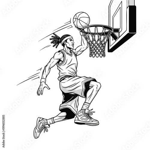 Dynamic line art illustration shows a basketball player executing a powerful slam dunk, soaring through the air towards the hoop with energetic motion lines against a clean white background