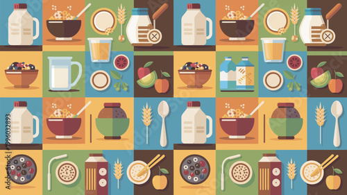 A colorful illustration of various breakfast foods and drinks arranged in a grid pattern
