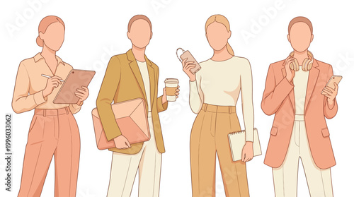 Faceless Business Women Four Standing Holding Tablet Coffee Headphones Smartphone Warm Tone Lineart Vector Illustration