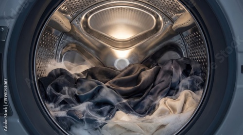 Dark delicate clothes inside washing machine with steam and soft cleaning cycle
