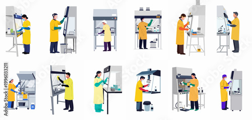 Set of laboratory technicians in yellow protective gear cleaning and maintaining biological safety cabinets and lab equipment.