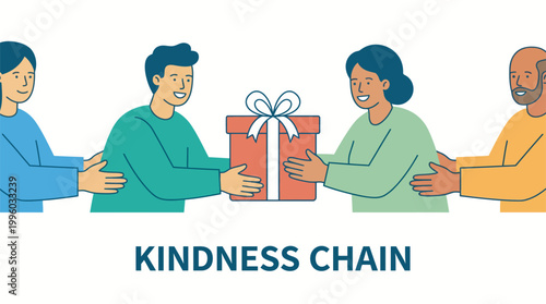 People passing a gift box to each other forming a kindness chain