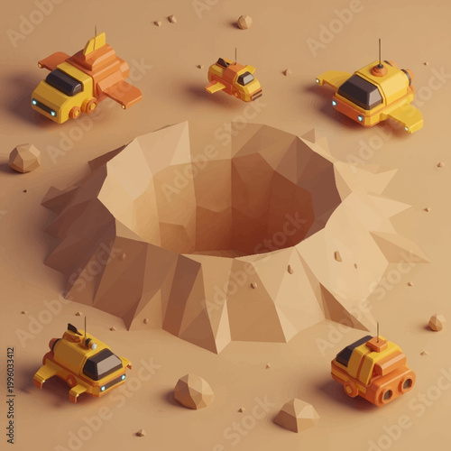 Toy Spaceships and Lunar Crater Diorama Scene.