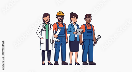 Flat vector illustration of multiple professions (doctor, engineer, office worker, technician), standing together, diverse team, clean minimal style, isolated on white background