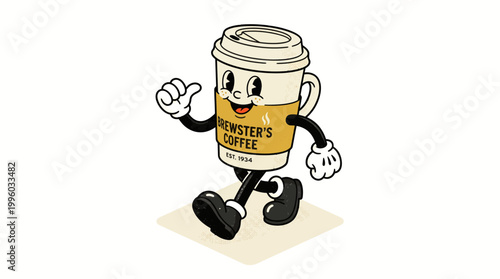 Cartoon coffee cup character walking with happy face Brewster's Coffee