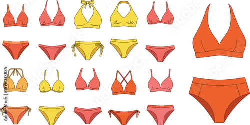 Swimwear Bikini Set Illustration with Colorful Tops, Bottoms, and Summer Beach Clothing for Fashion, Swim, and Vacation Graphics