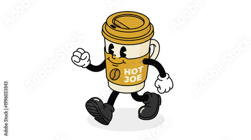 Cartoon coffee cup character walking with happy face