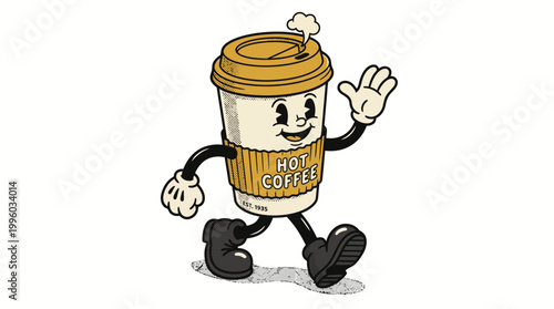 Cartoon coffee cup character walking and waving happily