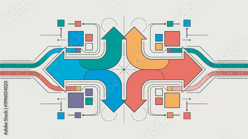 A vibrant infographic illustration showcasing colorful arrows and geometric shapes in a symmetrical design