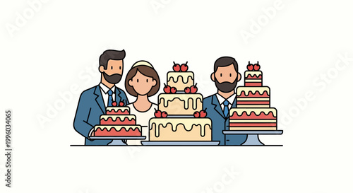 Wedding Celebration - Couple and Friends with Delicious Cakes.