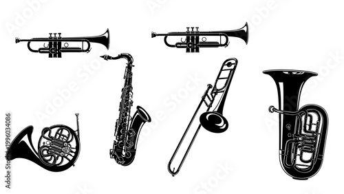 Brass Musical Instruments Silhouette Collection: Saxophone, Trumpet, Trombone, Tuba, French Horn