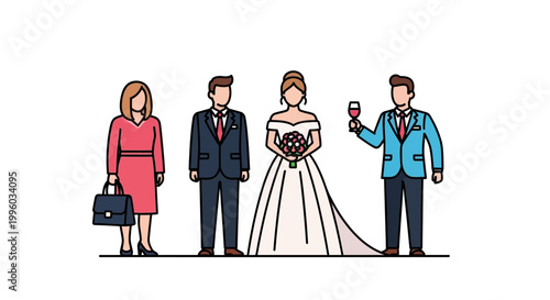 Wedding Party Illustration - Bride, Groom, Bridesmaid, and Best Man.