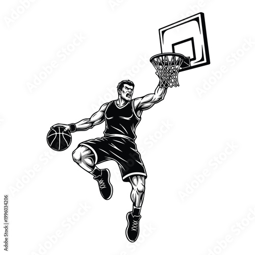 Dynamic illustration of a muscular basketball player executing a powerful slam dunk with athletic grace, aiming for the hoop in a focused action pose against a stark white background