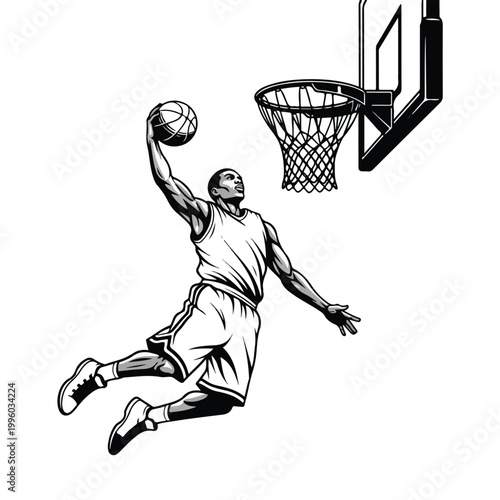 Athletic basketball player in mid-air performing a powerful slam dunk with a determined expression, captured in a dynamic, illustrative style against a clean white background