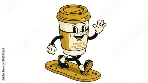 Cartoon coffee cup character waving on a puddle of coffee