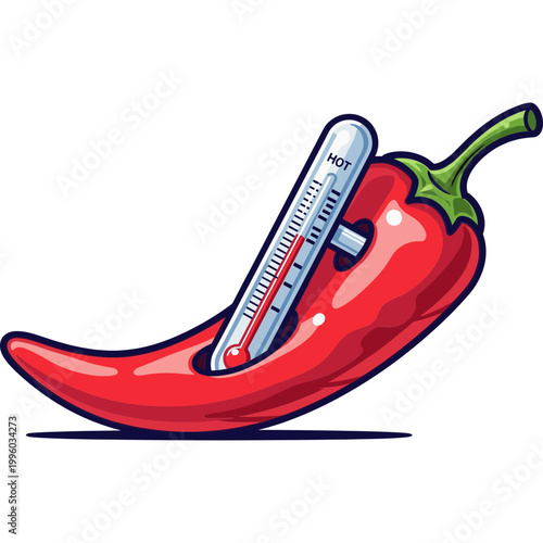 A thermometer is inserted into a red hot chili pepper showing high temperature