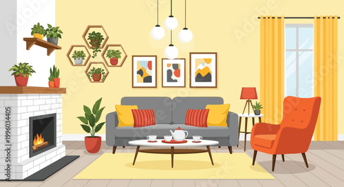 A brightly lit living room featuring a gray sofa fireplace and warm toned decor elements