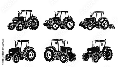 Set of Six Black Tractor Silhouettes Isolated on White Background