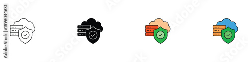 Cloud data security and server protection icon set. Database shield with checkmark and cloud storage symbols. Vector illustrations of cyber security, network safety, and hosting protection concept.