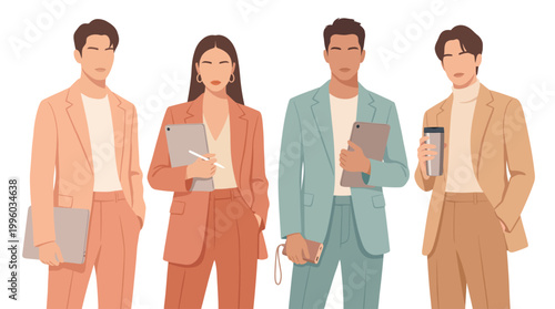 Asian Business Professionals Four Standing Pastel Suit Holding Tablet Smartphone Coffee Flat Vector Illustration