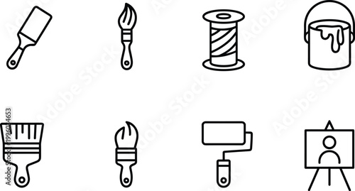 Painting tools icons set, brush roller bucket equipment symbols vector illustration collection design