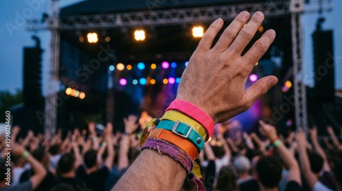 Raised arm wearing colorful wristbands among silhouettes enjoying a Music Festival. Great for youth lifestyle blogs occasion ticket designs and band promos.