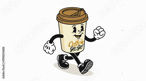 Cartoon coffee cup character running with happy face