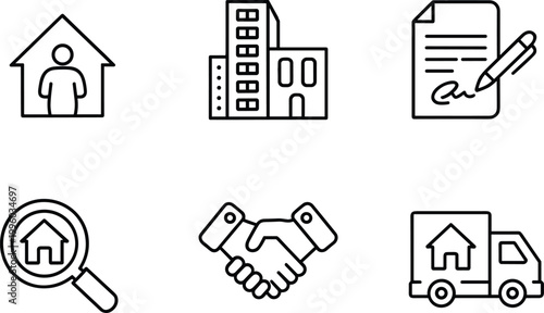 Real estate business icons set, property agreement housing service symbols vector illustration collection design